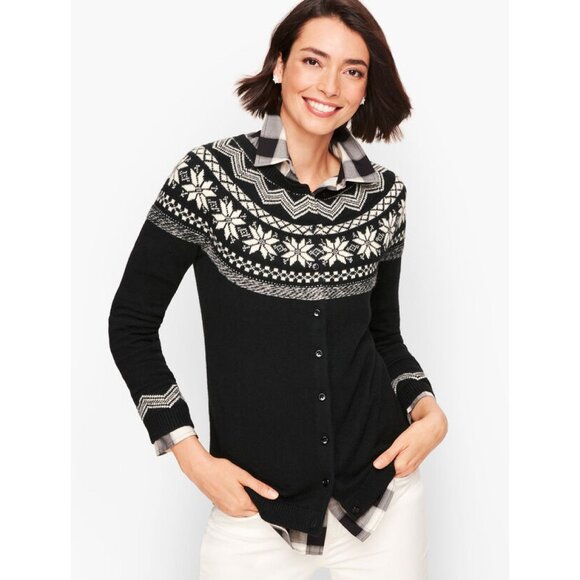 Talbots Sweaters - Talbots Plus Petite Snowflake Fair Isle Cardigan Black/White Women's PLUS Sz 3XP